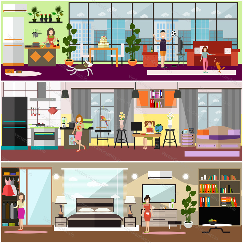Vector set of posters with family characters engaged in domestic chores. People cooking, watching tv, playing with pets, doing homework, cleaning. Flat style design.