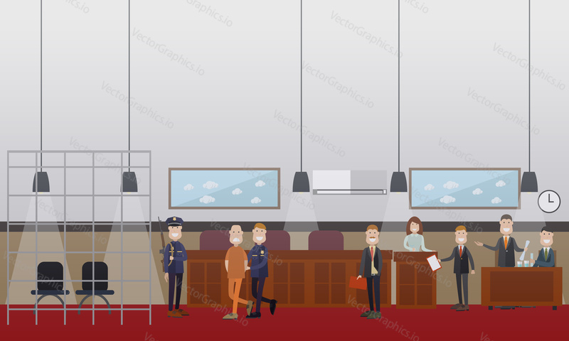 Vector set of legal trial scenes with lawyers questioning witness, security guard leading defendant with hands behind his back. Courtroom interior. Flat style design illustration.