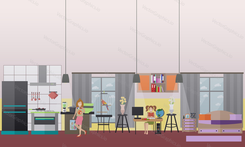 Vector illustration of family characters engaged in domestic chores. Mother holding bags with groceries and her cute daughter doing homework. Home interior. Flat style design.