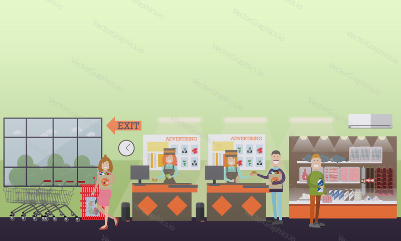 Vector illustration of grocery store interior with cashiers females and buyers males and female with paper bags. People making purchases concept. Flat style design.