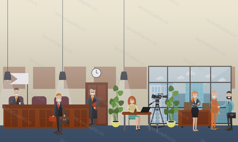 Vector set of legal trial scenes with judge, lawyers, woman recording court hearing. Courtroom interior. Flat style design illustration.