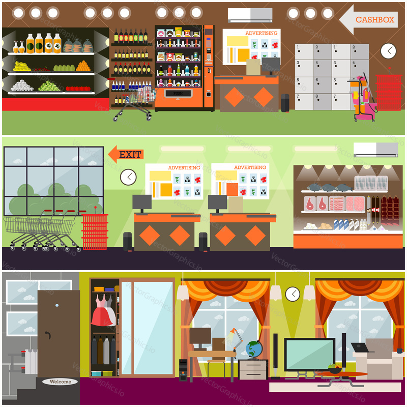 Vector set of posters with supermarket interior with cash boxes, shelves full of fruits, vegetables, drinks, meat, fish and dairy products. Living room interior. Purchases concept flat style design.
