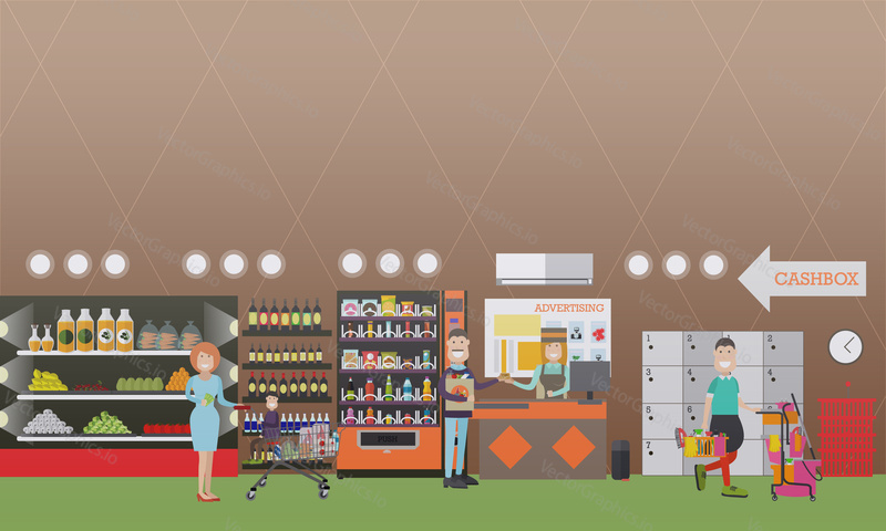 Vector illustration of grocery store interior with cashier female and buyers mother with her kid and man paying for purchases by credit card. People making purchases concept. Flat style design.