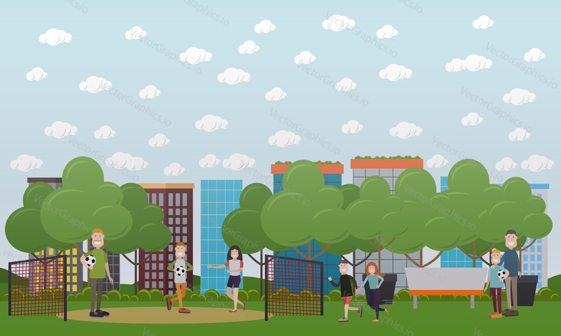 Vector illustration of fathers playing football with their kids. Family outdoor games concept flat style design elements.