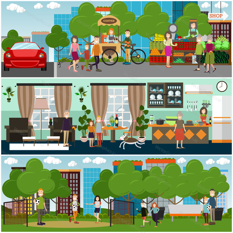Vector set of posters with family characters engaged in domestic chores in house and taking rest outside. Family people walking in the street, cooking, playing football. Flat style design.