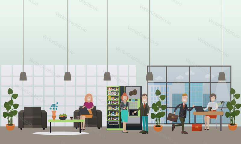 Vector illustration of modern workspace, hallway interior, employees working on laptop while sitting at desk and in armchair, taking coffee break. Office life concept, flat style design.
