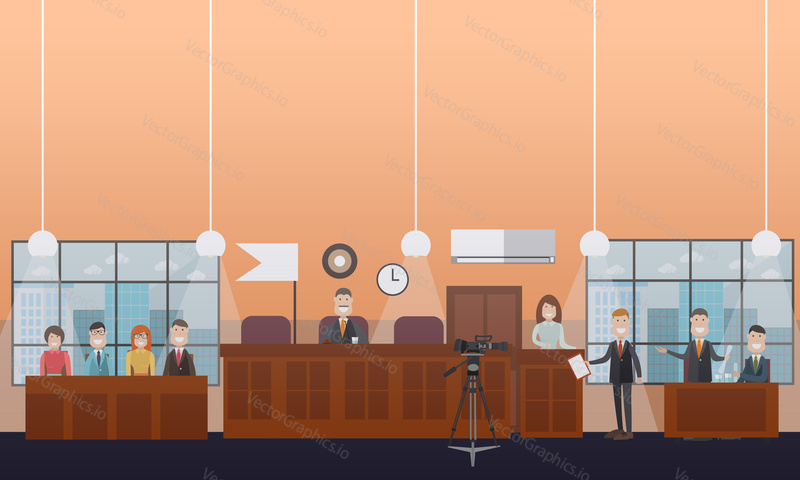 Vector set of legal trial scenes with judge, jury, lawyers questioning witness. Courtroom interior. Court hearing concept flat style design illustration.