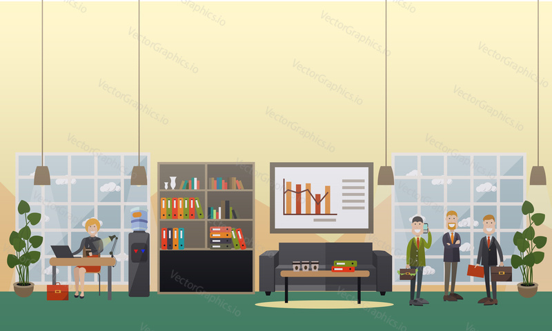 Vector illustration of employees and modern workspace interior with furniture, computer equipment and office supplies. Office life concept, flat style design.