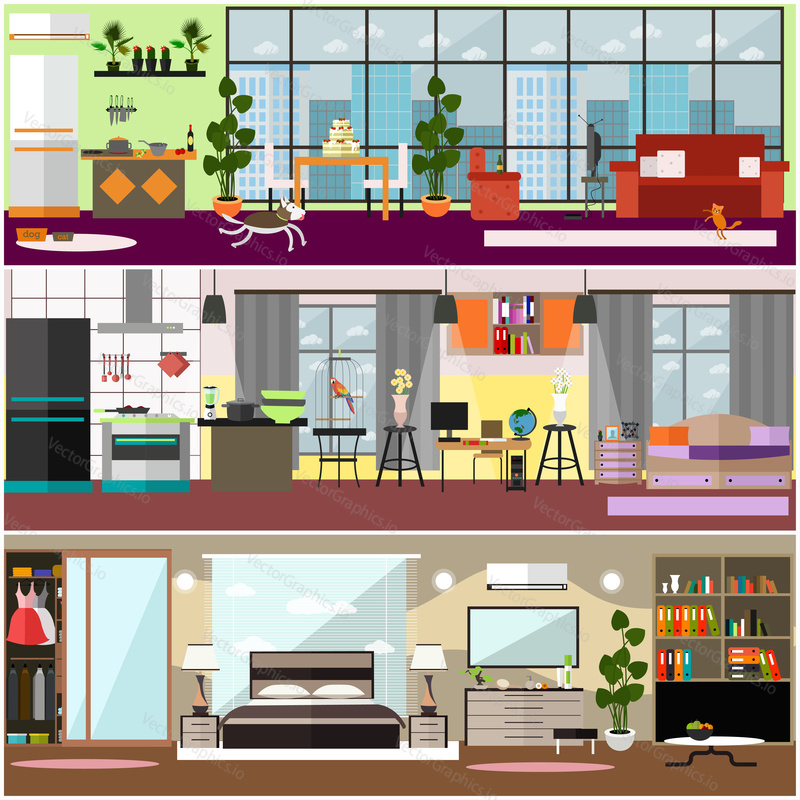 Family interior vector poster set with living room, kitchen, nursery and bedroom with furniture. Flat style design elements.
