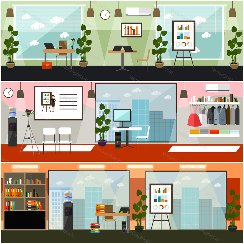 Vector set of posters, banners with modern workspace interior with furniture, computer equipment and office supplies. Office life concept, flat style design elements.