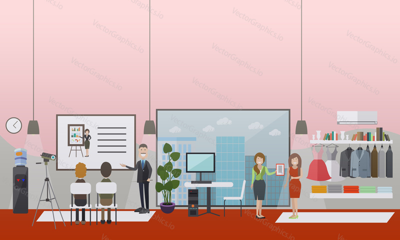 Vector illustration of business people giving presentation, receiving certificate after completing workshop or seminar. Office interior. Office life concept, flat style design.