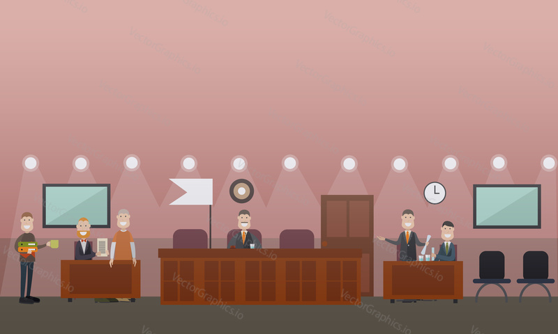 Vector illustration of attorney for defence providing the court with the proof of his client innocence. Courtroom interior. Court hearing concept flat style design illustration.
