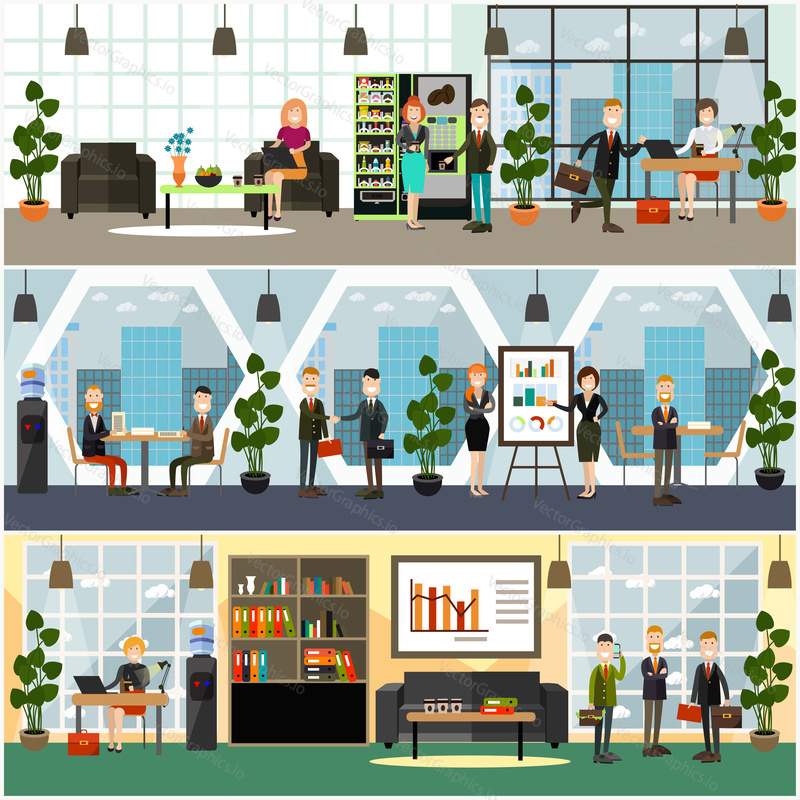 Vector set of posters, banners with modern workspace interior and employees working on laptop, meeting with partners, giving presentation, taking coffee break. Office life concept, flat style design.