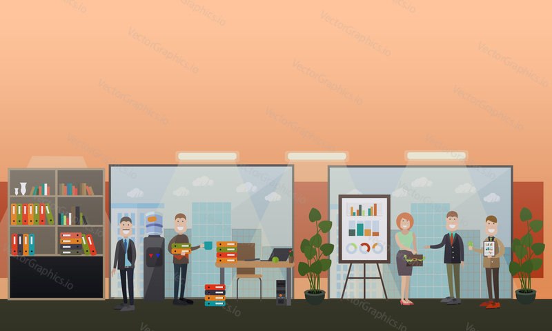 Vector illustration of business people and modern workspace interior with furniture, computer equipment and office supplies. Office life concept, flat style design.