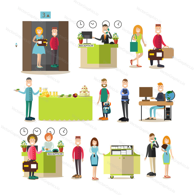 Vector illustration of hotel workers receptionist, chambermaid, porter, doorman, security guard, housemaid, guests males and females. Hotel room reservation, buffet service flat style design elements.