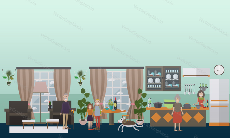 Vector illustration of family characters grandfather, grandmother, mother, kids engaged in domestic chores in house. Kitchen and living room interior. Flat style design.