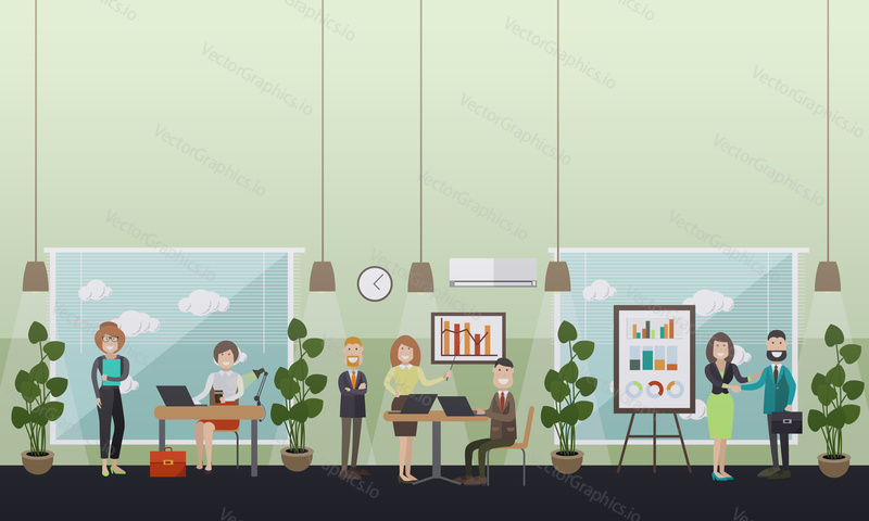 Vector illustration of modern workspace interior with office furniture and equipment, employees working on laptop, meeting with partners. Office life concept, flat style design.