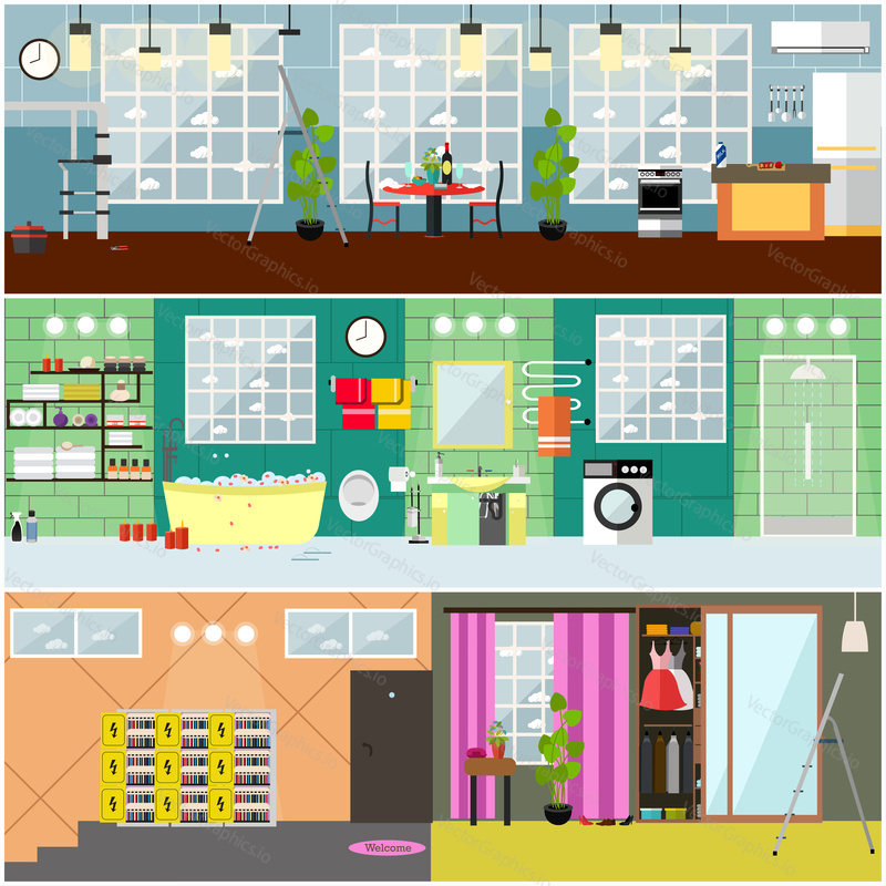 Vector set of posters, banners with kitchen, living room, bathroom interior. Residential electrical, plumbing and gas appliance repair services concept flat style design elements.