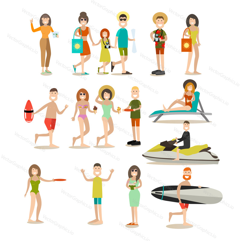 Summer people vector icon set. Group of people traveling, sunbathing, riding jet ski, playing frisbee, surfing, eating icecream. Flat style design elements isolated on white background.