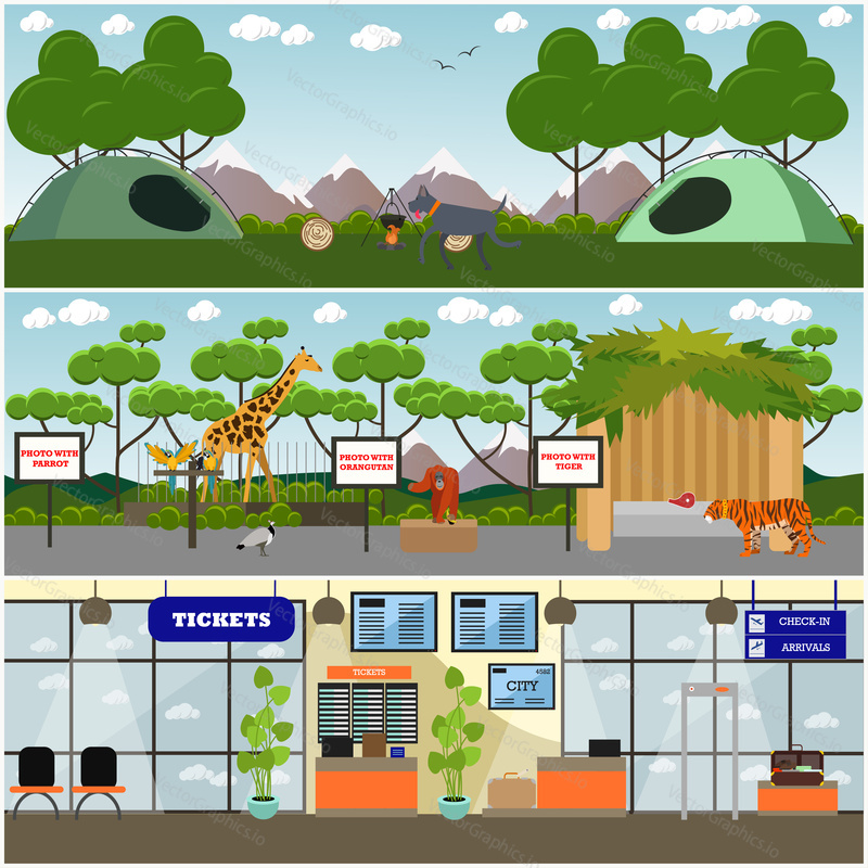 Vector tourist interior poster, banner set with camping site, zoo area with wild animals and exotic birds, airport terminal. Flat style design.