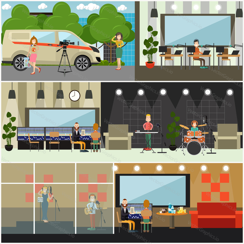 Vector set of posters with radio studio workers, dj, journalist, guitarist, drummer, pianist and singer creating content for radio broadcast. Flat style design.