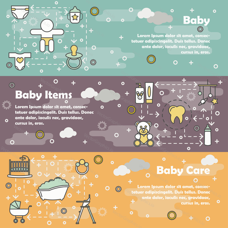 Vector set of horizontal banners with Baby, Baby items, Baby care line art flat style design elements, web templates.