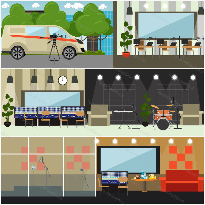 Vector set of posters with radio studio interior with furniture and recording equipment. Radio broadcast concept, flat style design.