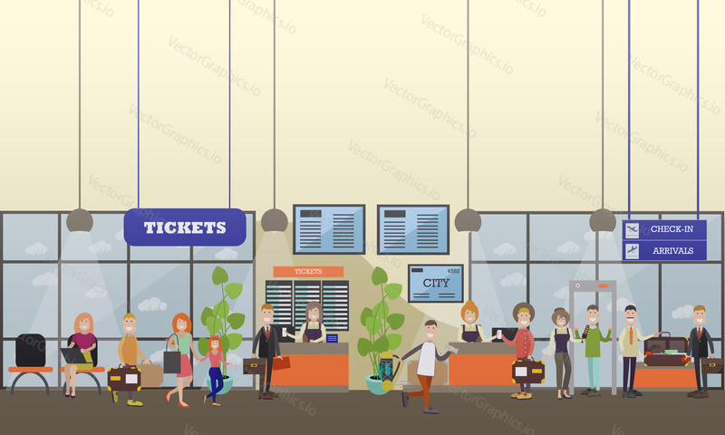 Vector illustration of passengers passing ticket control, security checkpoint at airport terminal. Tourists traveling by plane concept flat style design elements.
