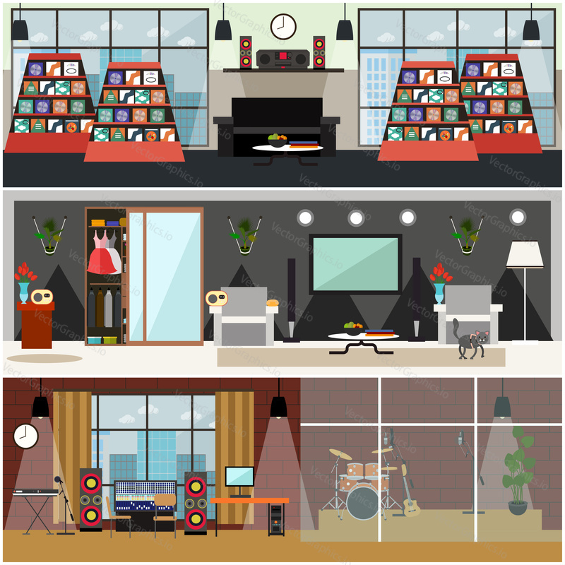 Vector set of posters with music shop, living room and radio studio interior. Radio broadcast concept, flat style design.