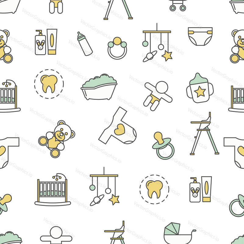 Vector seamless pattern with decorative baby symbols, icons. Newborn baby background, wrapping paper texture thin line art flat style design.
