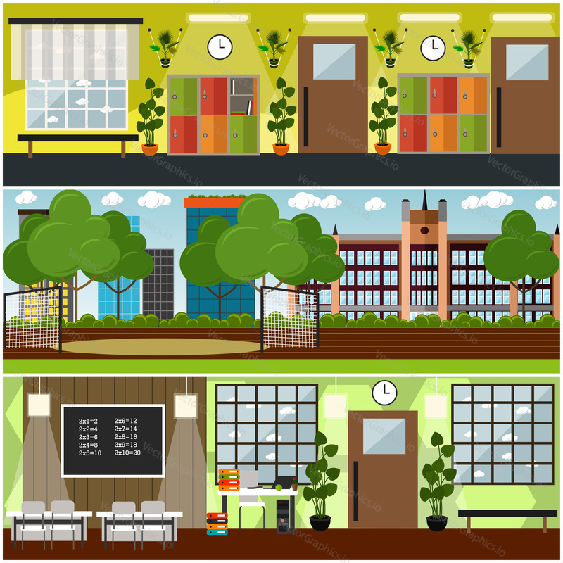 Vector set of posters with classroom and hallway interior with furniture, lockers and school supplies, sports ground with football goals. School concept flat style design elements.