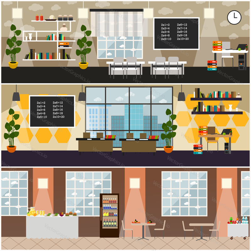 Vector set of posters with classroom interior with furniture and supplies, school canteen with dining furniture, food and drink. School concept flat style design elements.