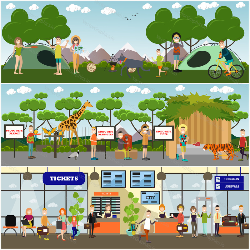 Vector tourist poster, banner set with travelers going hiking, camping, visiting zoo, passing ticket control and security checkpoint at airport terminal. Flat style design.