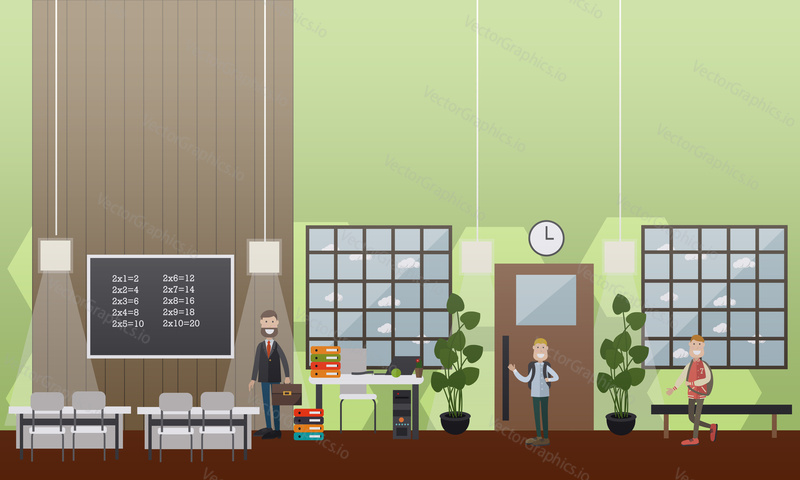 Vector illustration of maths teacher and schoolboys, classroom and school hallway interior with furniture and supplies. School concept flat style design elements.