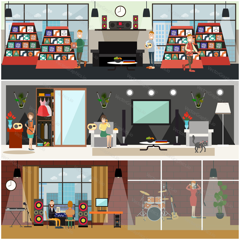 Vector set of posters with housewives listening to radio and calling in to radio, singer female in headphones singing in the microphone, people buying compact disks at music shop. Flat style design.