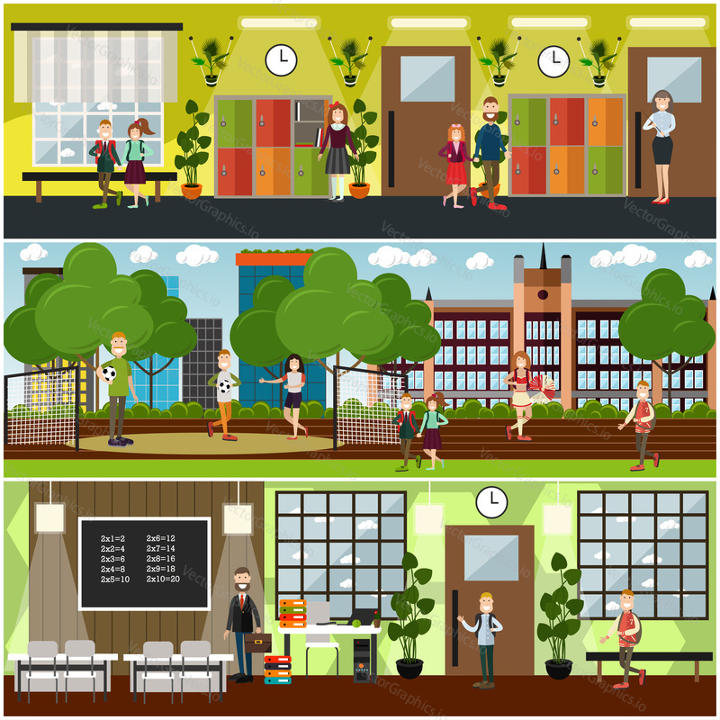 Vector set of posters with teachers, school children at lesson, in sports ground, classroom and hallway interior with furniture, lockers and school supplies. School concept flat style design elements.