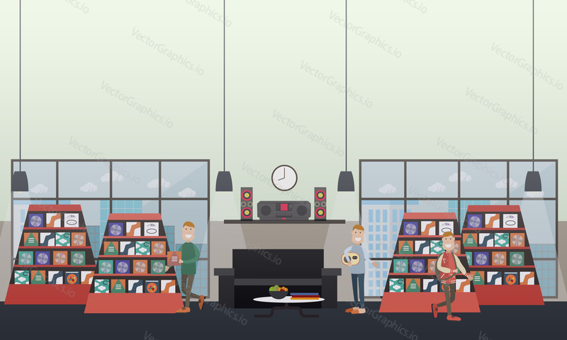 Vector illustration of men choosing CDs at music store and listening to music at home. Discs shop concept design elements in flat style.