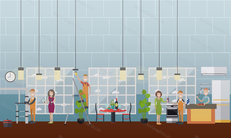 Vector illustration of women coming across home electrical, plumbing and gas appliance problems and professional workers fixing them. Flat style design.