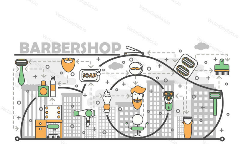 Barbershop concept vector illustration. Modern thin line art flat style design element with shaving and grooming symbols, icons for website banners and printed materials.