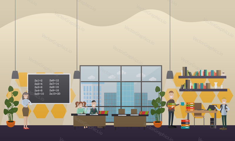 Vector illustration of teachers and school children, classroom interior with furniture and supplies. School concept flat style design elements.
