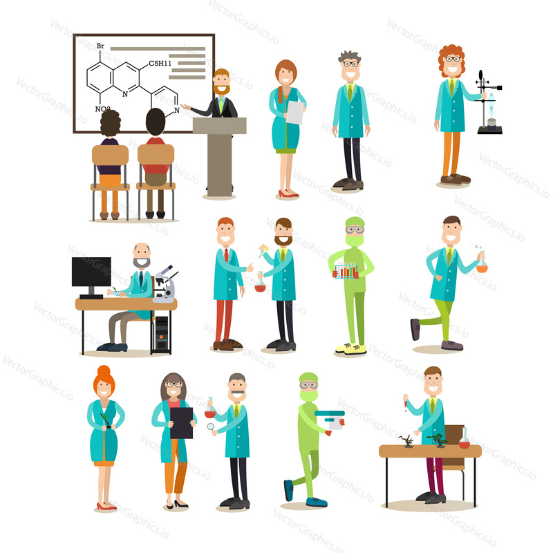 Group of science people vector icon set. Scientists giving lecture, laboratory workers carrying out scientific experiments, medical tests while using lab equipment and glassware. Flat style design.