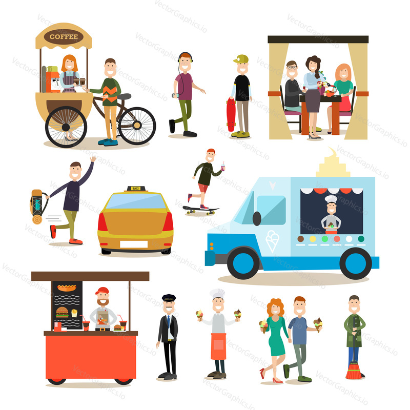 Street people vector flat icon set. Janitor or street sweeper, icecream salesman, saleswoman, skateboarder, taxi driver, people buying coffee, ice cream, street food, catching taxi, listening to music