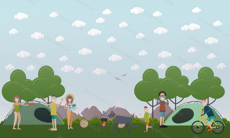 Vector illustration of people making a camp. Tourists playing outdoor games, cooking on the open fire. Flat style design.