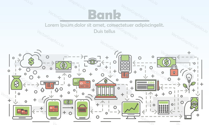 Bank advertising concept vector illustration. Modern thin line art flat style design element with banking symbols, icons for website banners and printed materials.