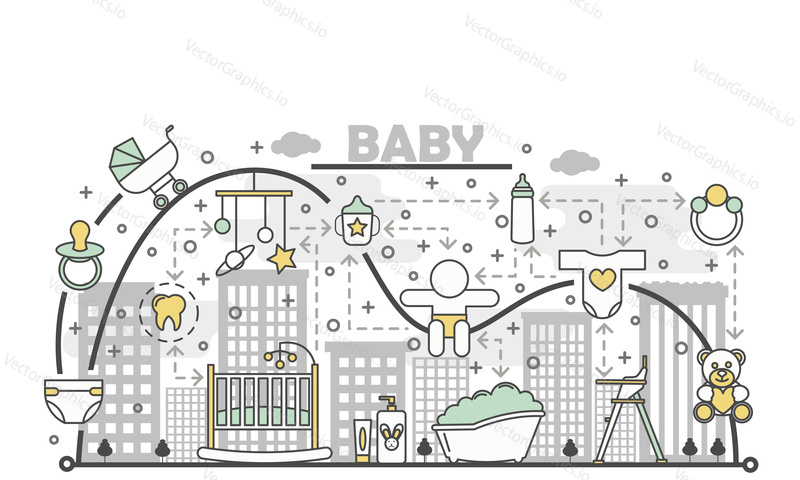 Newborn baby concept vector illustration. Modern thin line art flat style design element with baby care items for website banners and printed materials.
