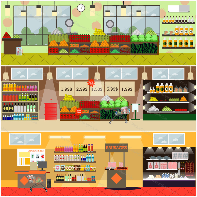 Vector set of posters with grocery or supermarket interior with cash boxes, shelves full of fresh fruits, vegetables, meat, milk products, soft and alcohol drinks. Purchases concept flat style design.