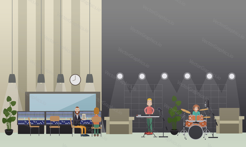 Vector illustration of musicians in headphones playing drum kit and synthesizer. Radio studio workers, musicians creating content for radio broadcast using sound recording equipment.