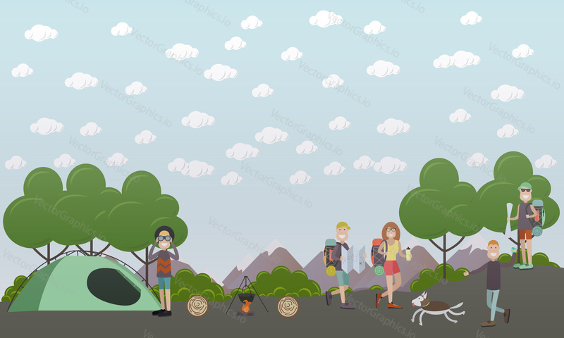Vector illustration of travelers going hiking, camping with traveling equipment. Tourist people flat style design.