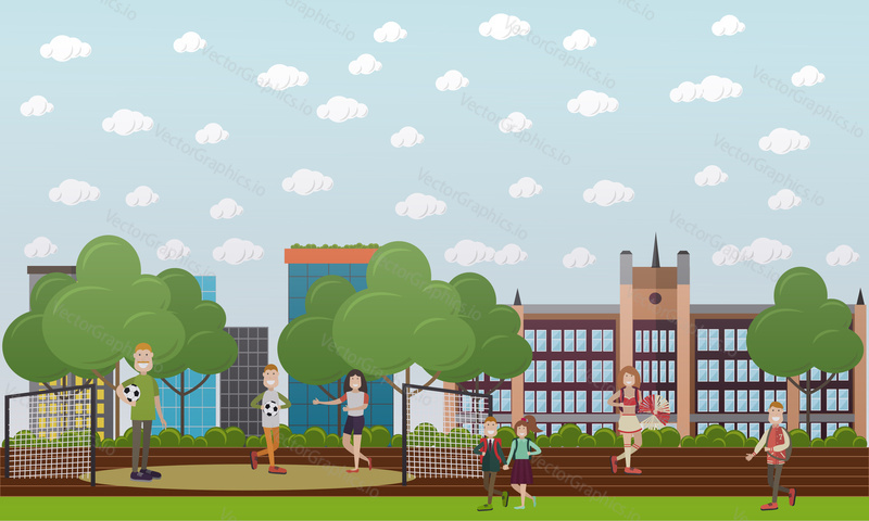 Vector illustration of physical education teacher and school children playing football in sports ground, cheerleader cute girl with pompom. School concept flat style design elements.