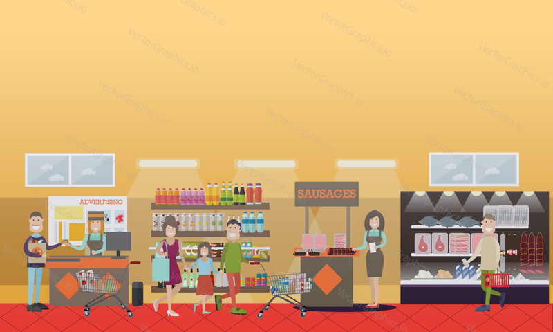 Vector illustration of grocery store or supermarket shelves, cashier, promoters advertizing products, buyers with shopping carts and baskets. People making purchases concept, flat style design.